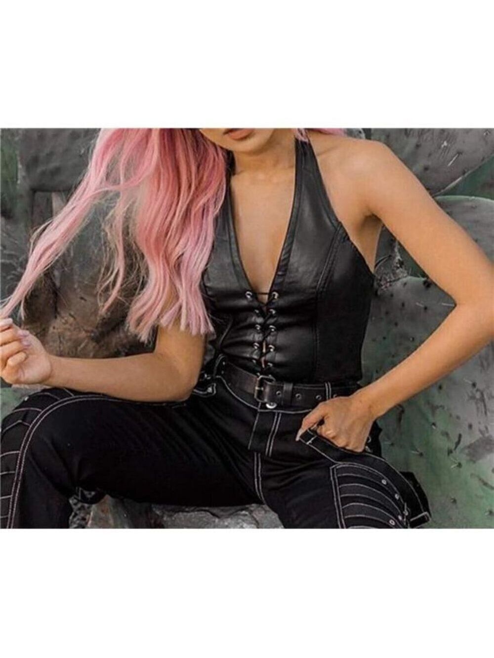 Women's Adjustable Spaghetti Straps PU Leather Bustier Crop Tube Top BDSM PARTY - Picture 2 of 6